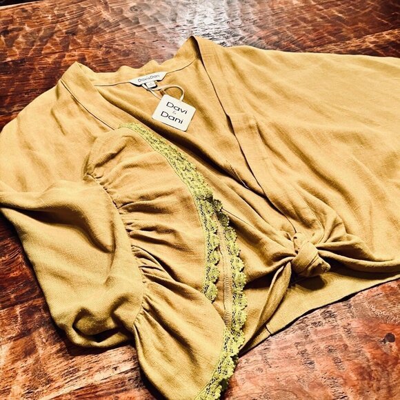 NWT Davi & Dani Olive Linen Ruffled Sleeve Top/Jacket S - Picture 1 of 11